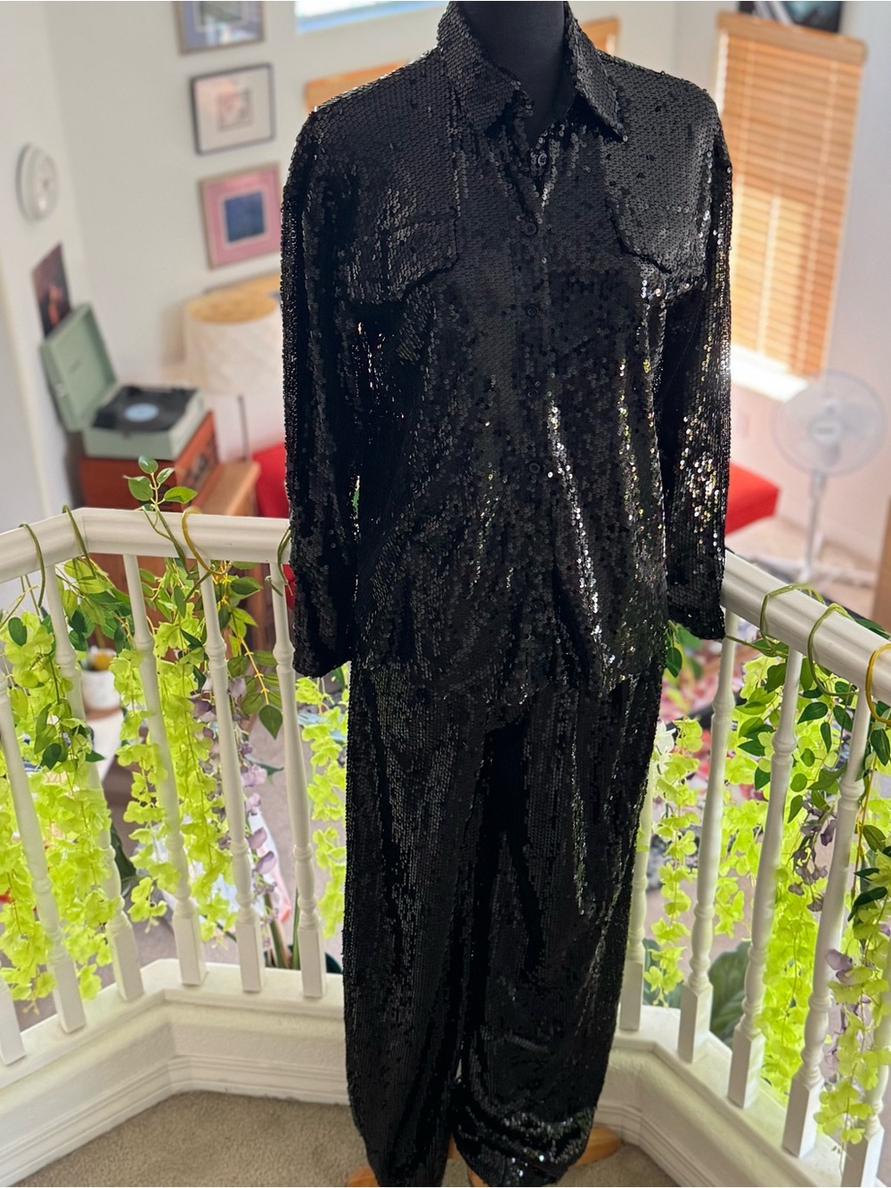 Black Sequin Two-Piece Shirt and Pants Set
